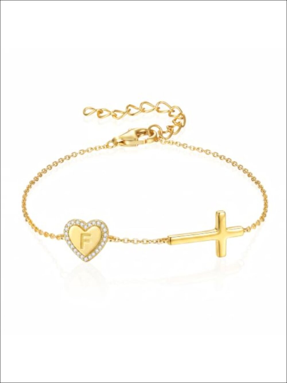 Sterling Silver Dainty Heart Initial Cross Charm Bracelet with Cubic Zirconia
